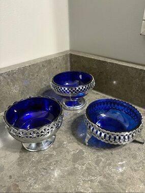 Cobalt Blue Glass Footed Bowls with Silver Filigree Trim - Set of 3